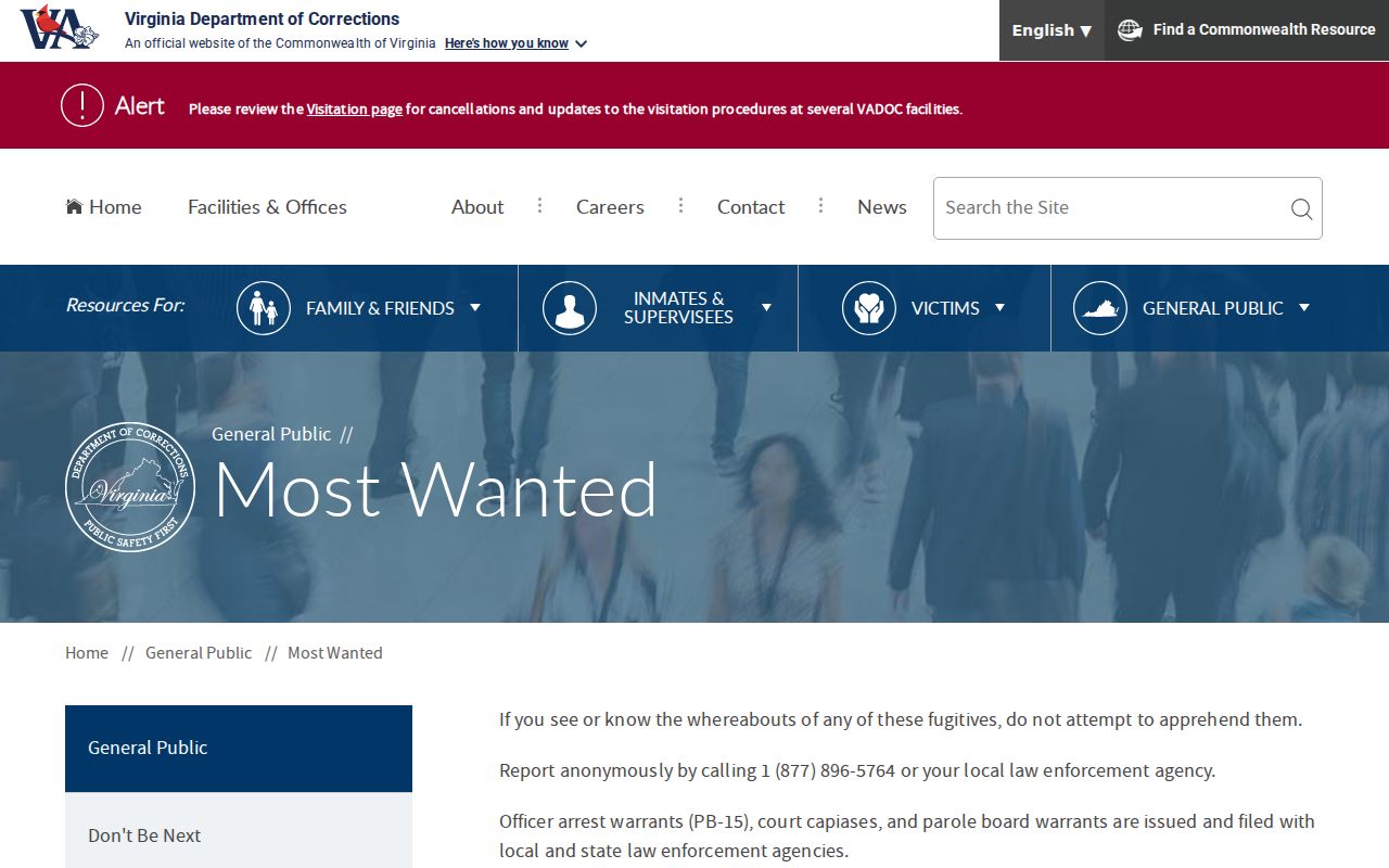 Bedford County most wanted warrant information: Virginia DOC statewide program page